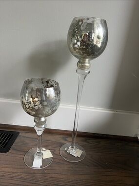 Mercury Glass Stem Candle Holders - Silver